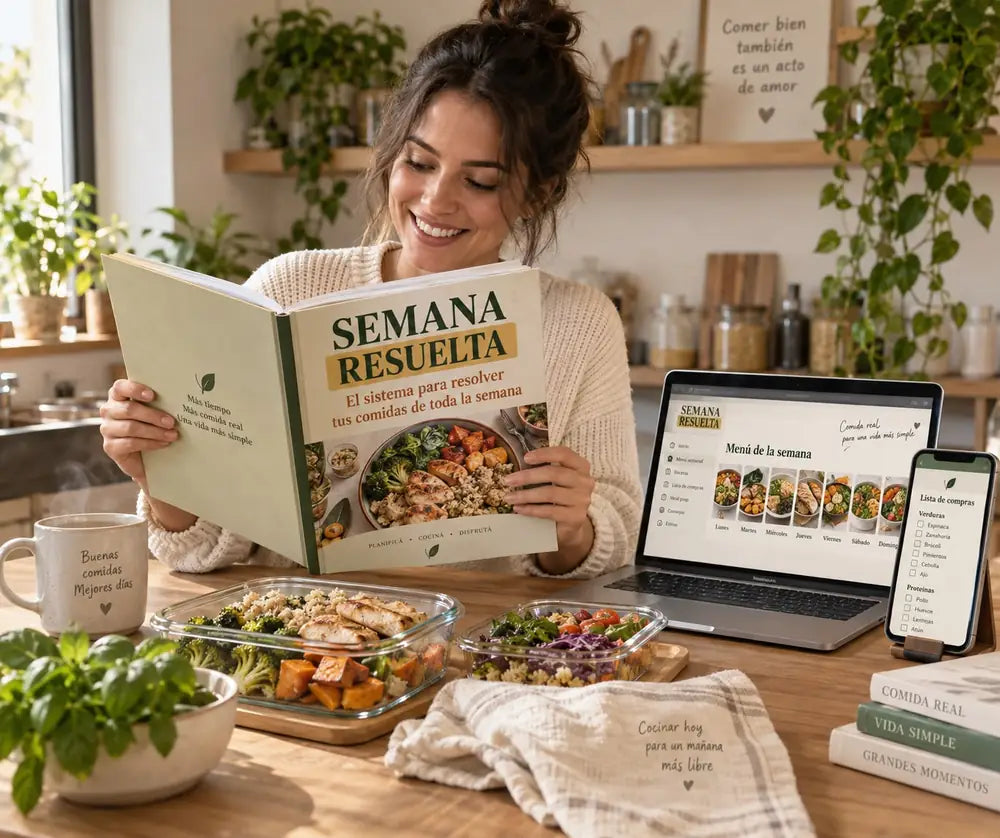 Mujer sonriendo en su cocina leyendo el libro Semana Resuelta, con notebook y celular mostrando el menú semanal y la lista de compras, y recipientes de meal prep sobre la mesa.