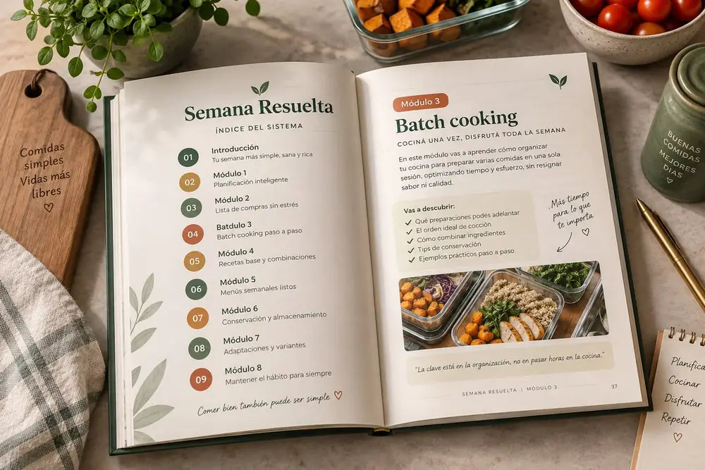 Libro Semana Resuelta abierto sobre la mesada, mostrando el índice del sistema con los 8 módulos a la izquierda y el Módulo 3 de Batch Cooking a la derecha, rodeado de recipientes de meal prep y vegetales frescos.